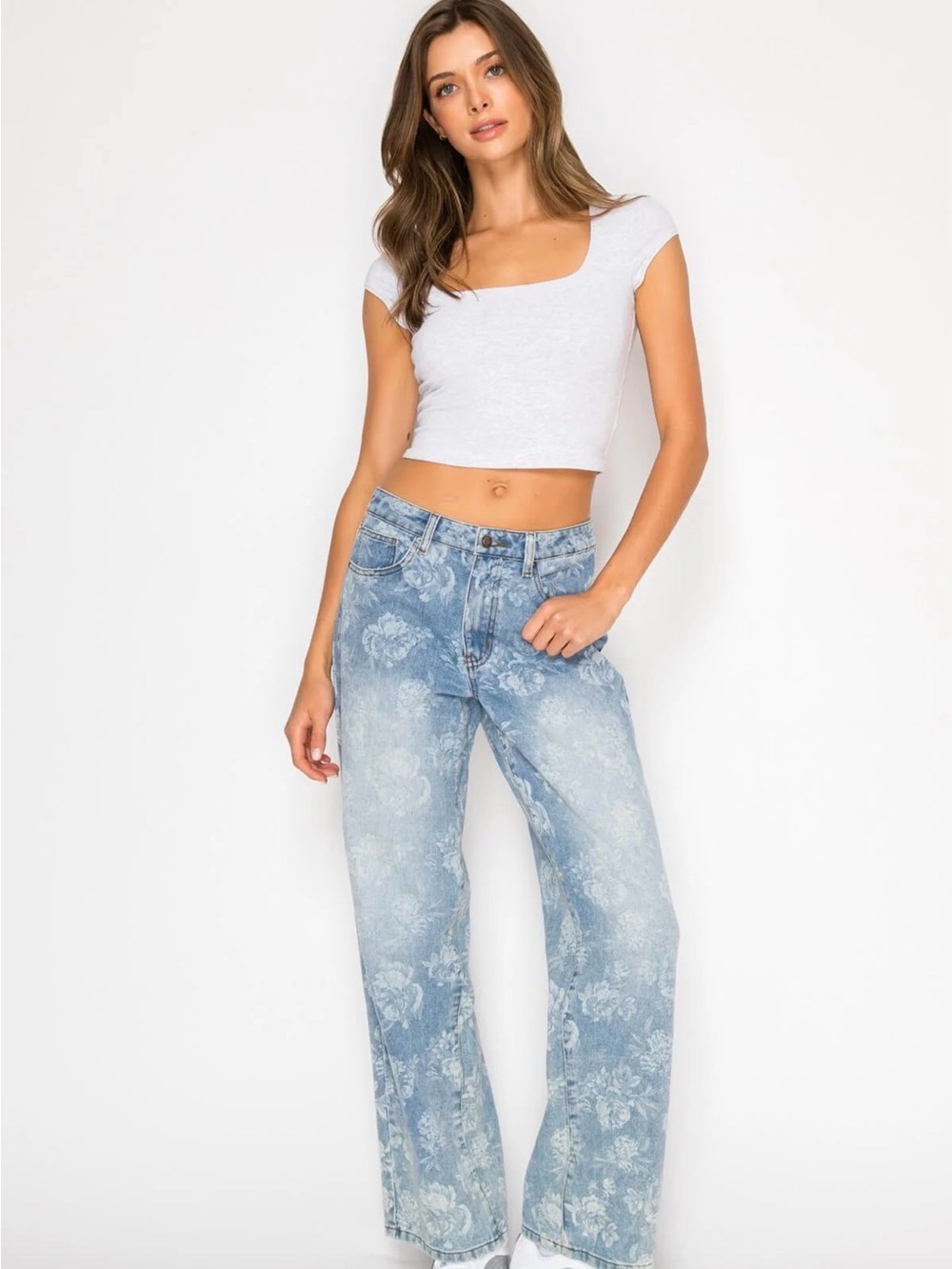 Cali1850 | Tonal Floral Print Low Rise Flare Jeans
